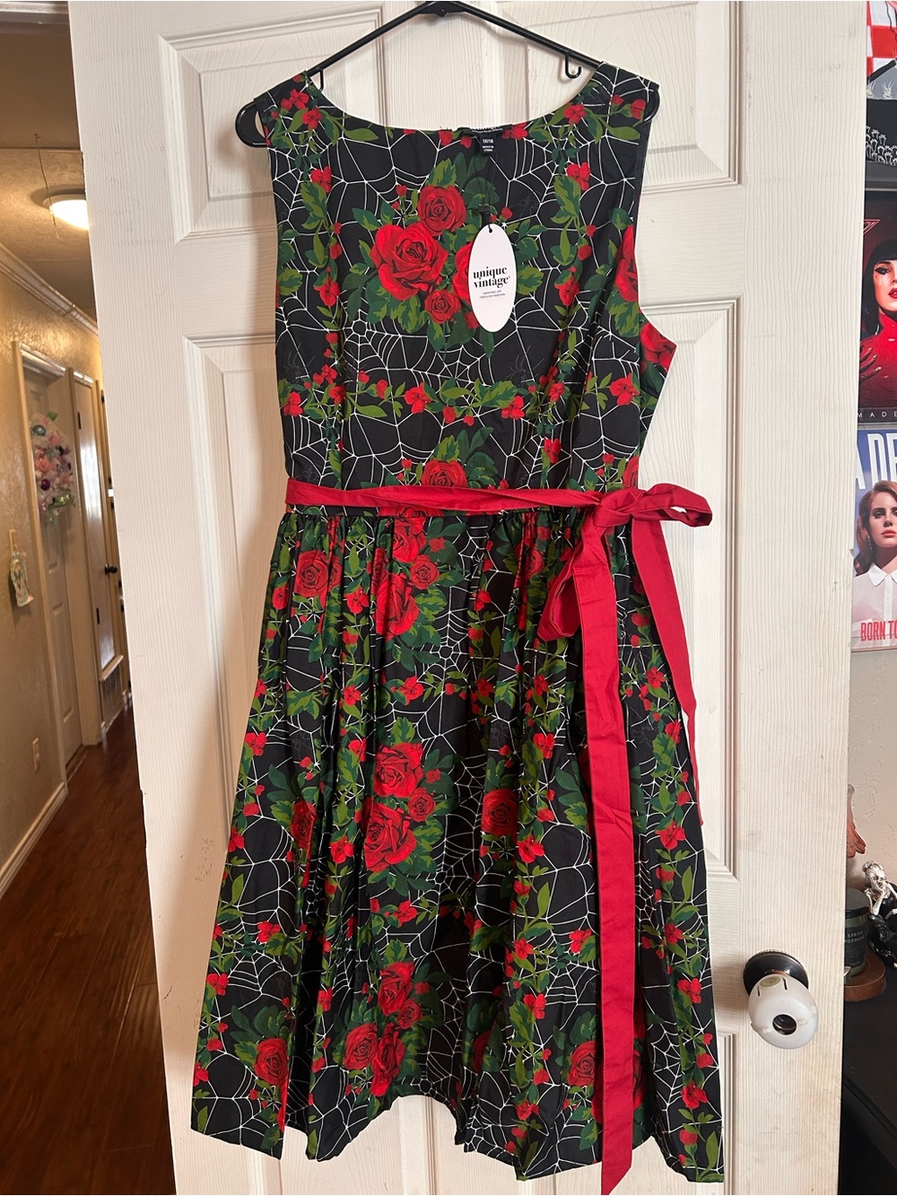 Unique Vintage Black Dress with Red Roses & Spiderwebs